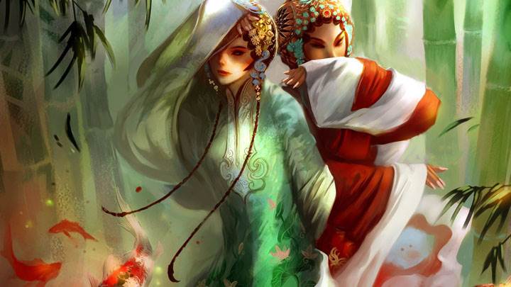Two 3d Japanese Girl In Red And Green Dress